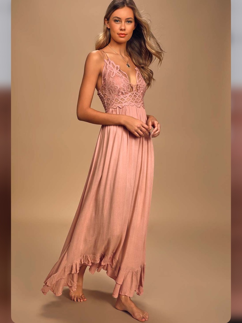 Free People Dusty Rose Lace-Detail Maxi Dress size XS